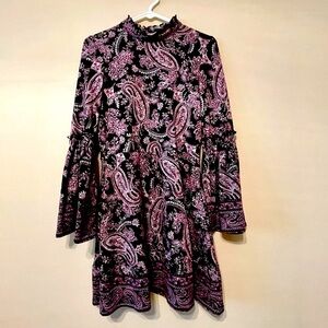 Xhilaration Purple Paisley Mini Fit and Flare Dress Bell Sleeves Size Medium